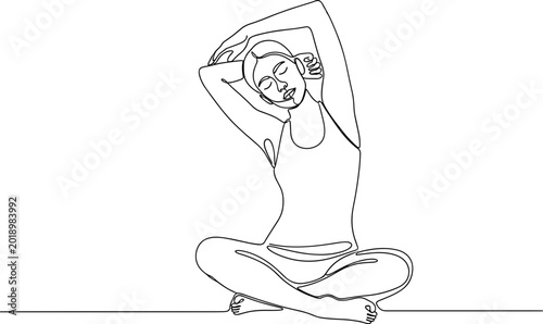 Photos Woman doing yoga stretch, seated meditation pose, continuous line art, wellness