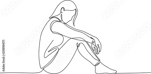 Schilderij op canvas Continuous line drawing of a person sitting alone, contemplative pose, minimalist style