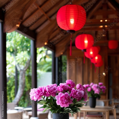 Inside a Restaurant, Red Lanterns Hang From the Wooden Ceiling
