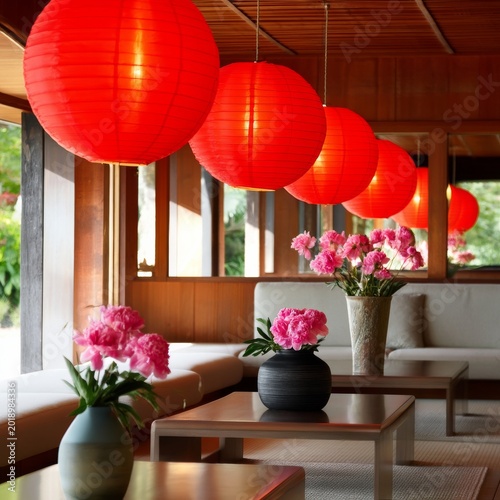 Inside a Restaurant, Red Lanterns Hang From the Wooden Ceiling