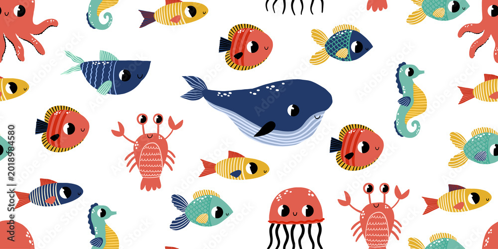 Naklejka premium Colorful Sea Life Seamless Pattern Hand Drawn Fish and Whale Background for Children Birthday Under the Sea Party School Supplies Kids Fashion