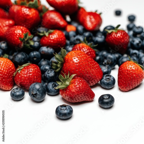 Fresh Strawberries and Blueberries Scattered on a White Surface for a Healthy...