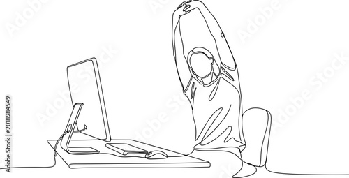 Photography Continuous line drawing of a person stretching at a desk with a computer, promoting well-being