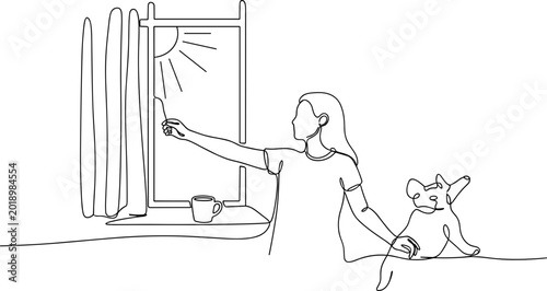 Tableau sur toile Woman opening curtains to bright sunshine, dog companion by window, morning rout
