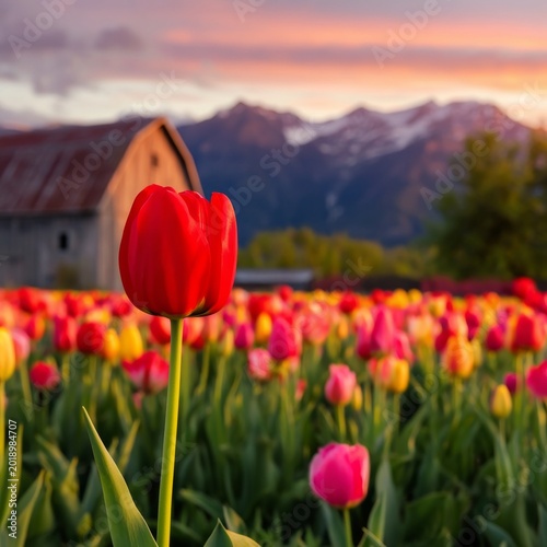 Tulips Bloom in a Field at Sunset Near a Barn With Mountains in the Background
