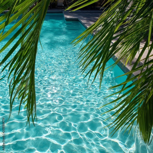 Clear Water Sparkles Under Sunlight Near Palm Leaves by the Pool in a Warm Cl...
