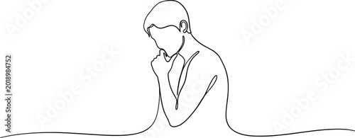 Canvastavla Single line drawing of a person in deep thought, chin resting on hand