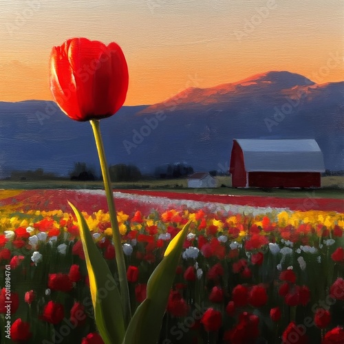 Tulips Bloom in a Field at Sunset Near a Barn With Mountains in the Background