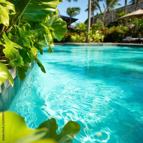 Clear Water Sparkles Under Sunlight Near Palm Leaves by the Pool in a Warm Cl...