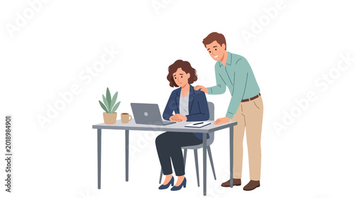 Quadro su tela Modern flat vector illustration of employee comforting stressed coworker with su