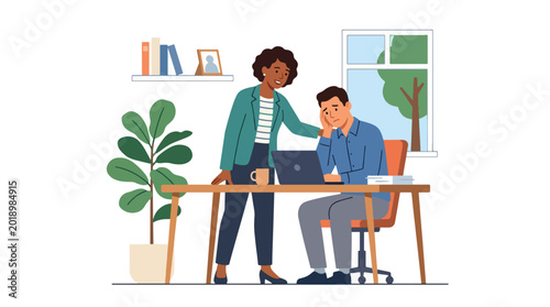 Foto Modern flat vector illustration of employee comforting stressed coworker with su