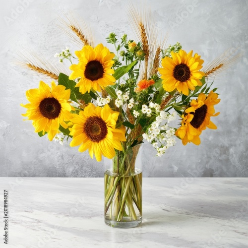 Bright Sunflowers and Greenery Arranged in a Clear Glass Vase on a Light Back...