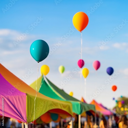 Colorful Balloons Float Above Tents at a Festive Outdoor Event During a Sunny...