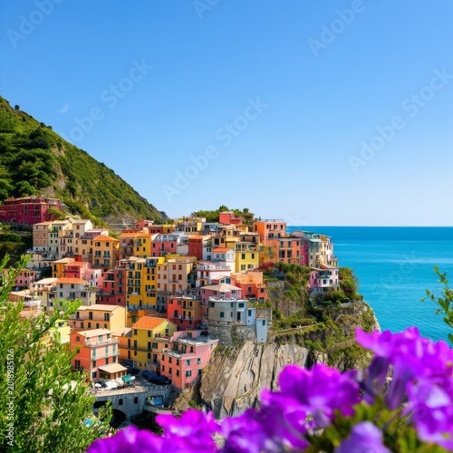 Colorful Houses on Cliffs Near Blue Sea With Flowers in Foreground on a Sunny...