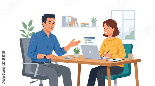 Fotografia Modern flat vector illustration of mentor teaching young intern at laptop showin