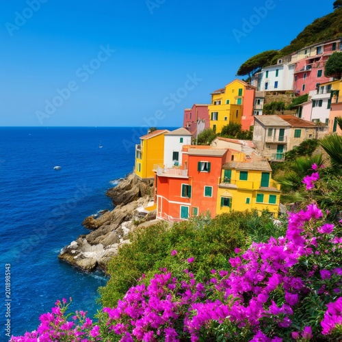 Colorful Houses on Cliffs Near Blue Sea With Flowers in Foreground on a Sunny...