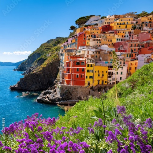 Colorful Buildings on a Cliff Beside the Sea With Flowers in the Foreground N...