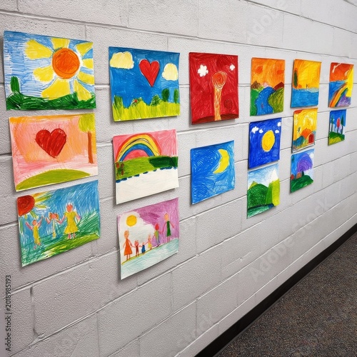 Kids Create Colorful Artwork on Display in Classroom During Art Session