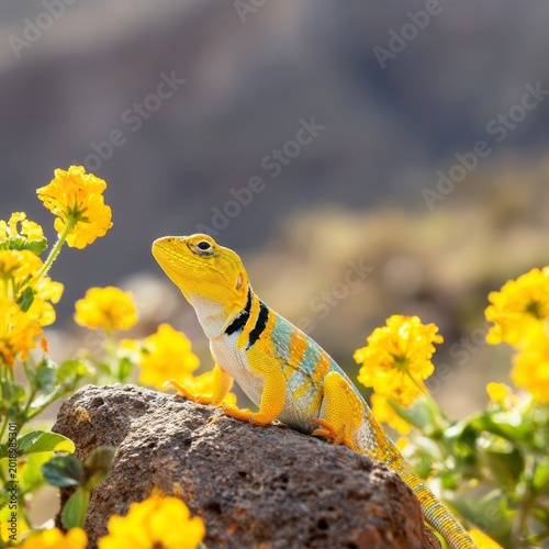 Lizard Sitting on a Rock Among Yellow Flowers in the Desert During Daylight H...