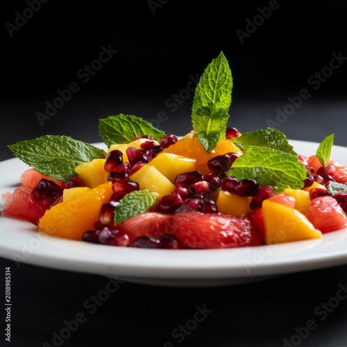 Fresh Peach and Pomegranate Salad With Mint on a Dark Background