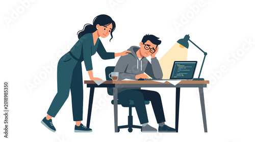 Tableau sur toile Modern flat vector illustration of coworkers supporting exhausted teammate durin