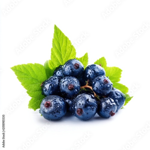 Fresh Blueberries With Green Leaves on White Background for Healthy Eating an...