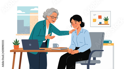 Foto Modern flat vector illustration of senior employee encouraging shy new coworker