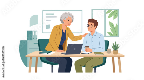 Bild auf Leinwand Modern flat vector illustration of senior employee encouraging shy new coworker