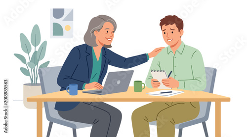 Fotografija Modern flat vector illustration of senior employee encouraging shy new coworker