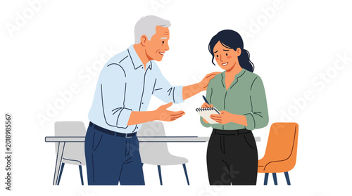 Quadro su tela Modern flat vector illustration of senior employee encouraging shy new coworker