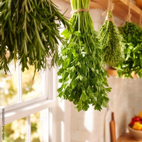 Fresh Herbs Hang From a Kitchen Shelf Illuminated by Natural Light