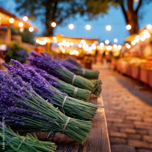 Lavender Bunches Arranged on a Wooden Table at a Market in the Evening With W...