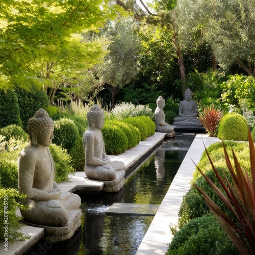Four Buddha Statues Sit by a Long Water Feature Surrounded by Bushes in a Gar...