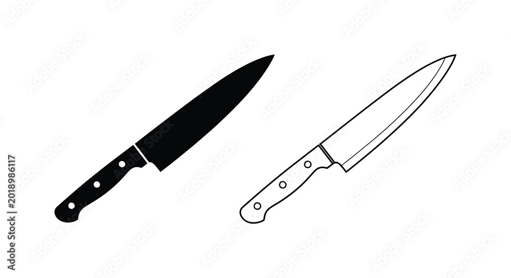 Obraz premium Chef knife silhouette and outline on white background high quality professional
