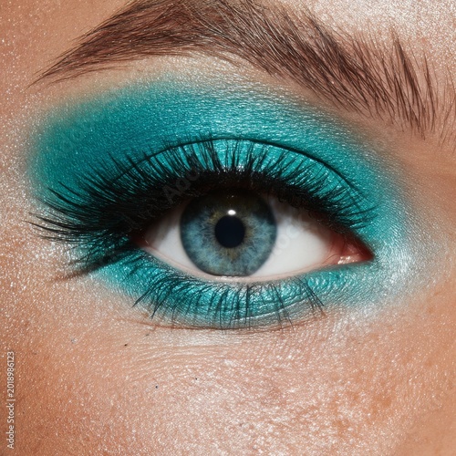Bright Blue Eye Makeup on a Woman With Long Eyelashes and a Shiny Finish