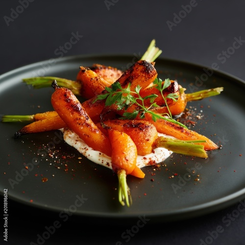 Grilled Carrots Served on Black Plate With Sauce and Herbs for Dinner