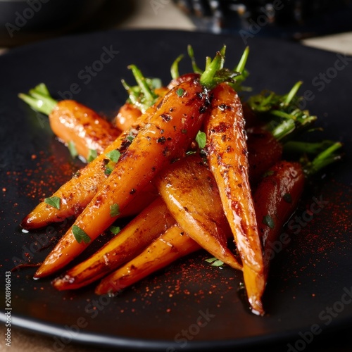 Grilled Sweet Potatoes Garnished With Herbs on a Black Plate Ready to Eat