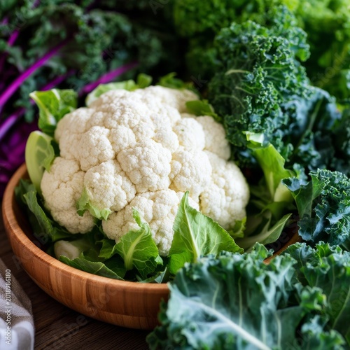 Bowl With Fresh Cauliflower and Greens on a Wooden Table