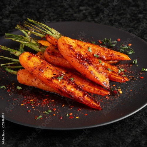 Grilled Carrots Served on Black Plate With Sauce and Herbs for Dinner
