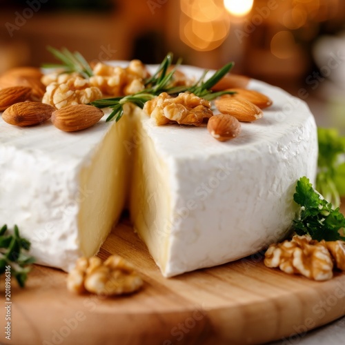 Tasty Cheese and Nuts Arranged on a Wooden Board With Soft Lighting