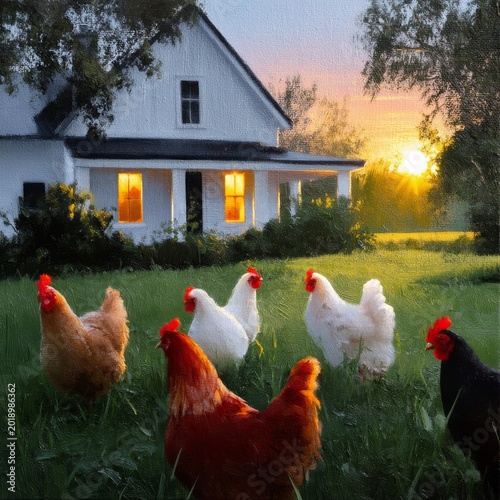 Chickens Wandering Near a House as the Sun Sets in the Countryside