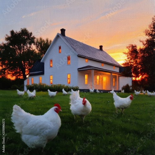 Chickens Roam Freely Around a White House at Sunset in a Rural Setting