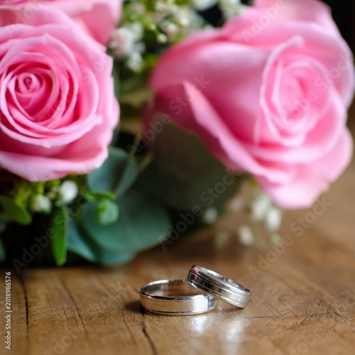 Couples Exchange Rings During Wedding Ceremony Next to Pink Roses on Wooden T...