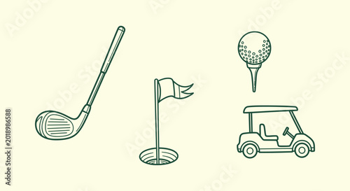 Quadro su tela Retro style golf icon collection with club flagstick ball on tee and cart illustration line art