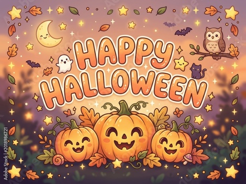 Happy halloween with smiling pumpkins and festive decorations