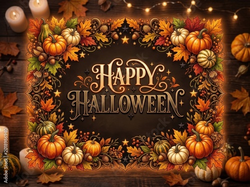 Happy halloween festive sign with pumpkins and leaves on wooden background