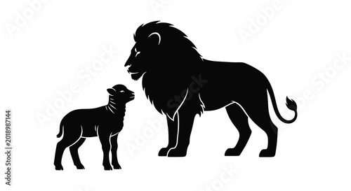 Canvastavla Lion and lamb silhouettes facing each other black on white silhouette