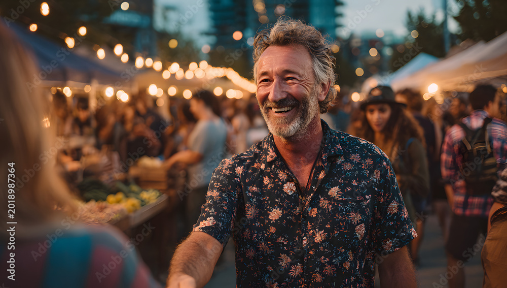 Obraz premium A volunteer man is greeting visitors at an outdoor market that's filled with people during an end-of-summer meetup.