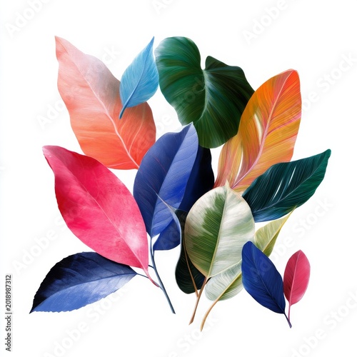 Colorful Leaves Arranged in a Creative Design on a White Background in a Stud...