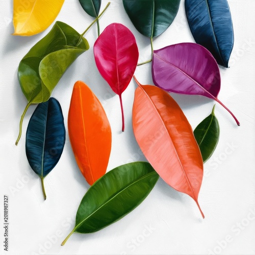 Colorful Leaves Arranged in a Creative Design on a White Background in a Stud...